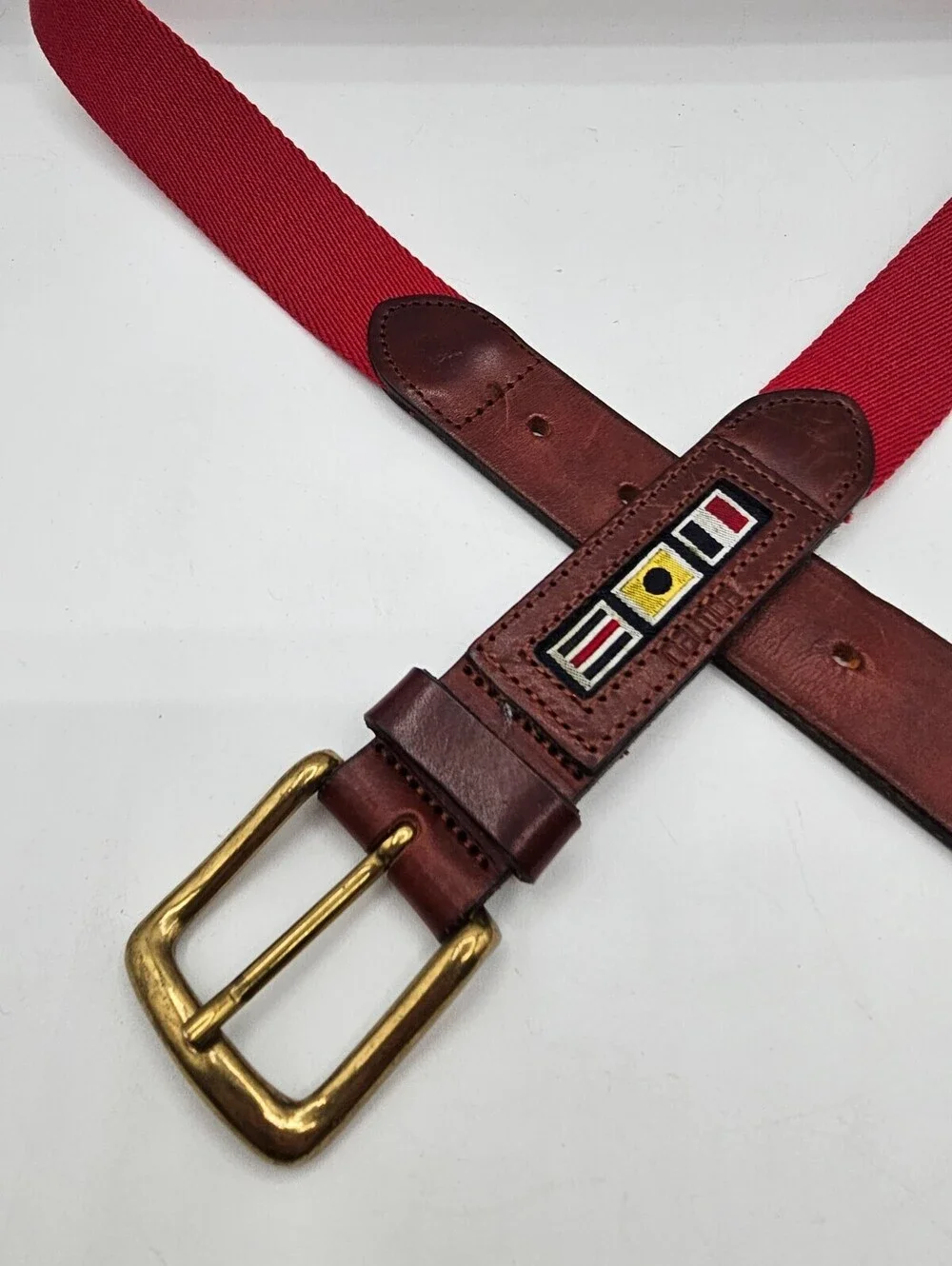 Vintage Nautica Mens Sz 38 Leather and Canvas Belt Red Brown Leather Flags